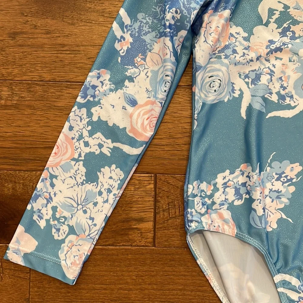 Girls Long-Sleeve Shabby Chic Blue Gymnastics Leotard Dance Leotard - Size 150